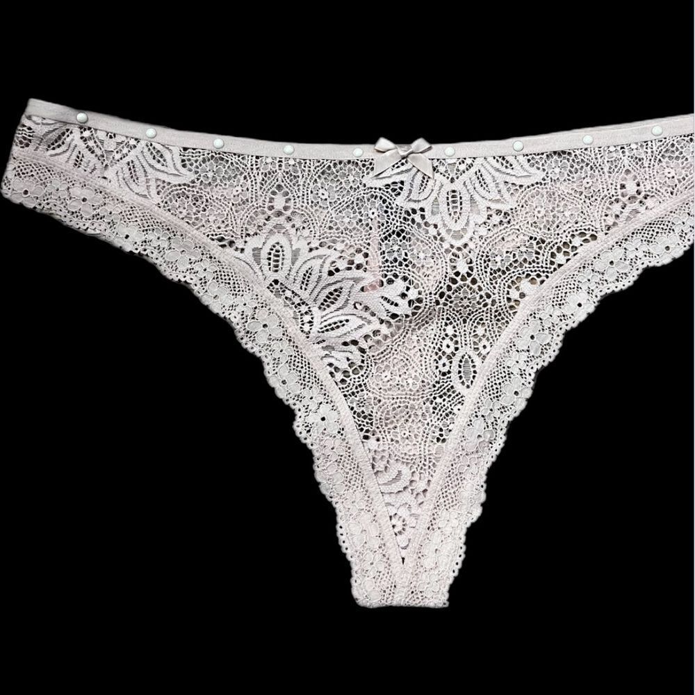 Victorias Secret Very Sexy Floral Lace & mesh Pearls detail Thong panty beige Xl